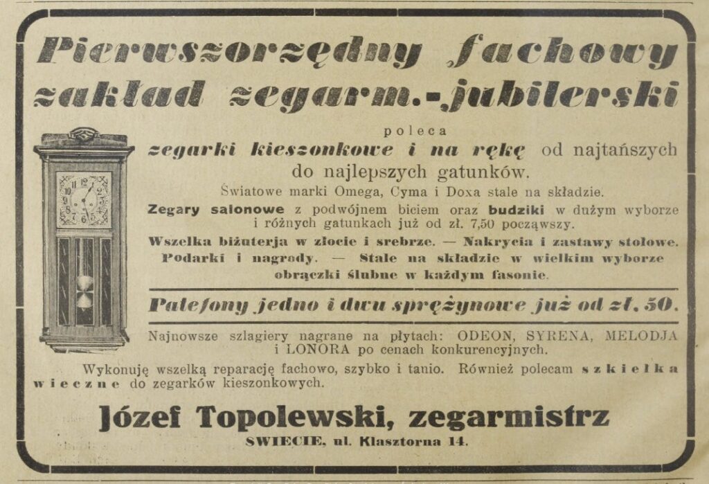 Józef Topolewski_Zegarmistrz_Jubiler_Patefony, Tygodnik Parafjalny Parafji św. Stanisława w Świeciu, 18.02.1934, s. 6.