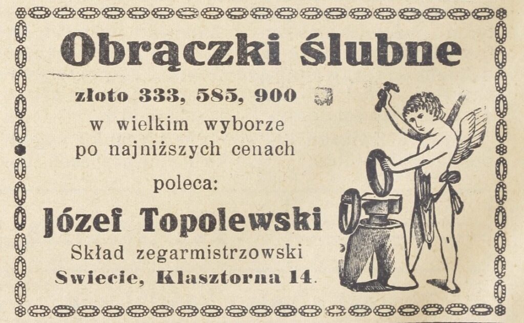 Józef Topolewski_Skład zegarmistrzowski_Obrączki_Ul. Klasztorna, Tygodnik Parafjalny Parafji św. Stanisława w Świeciu n. W., 25.10.1936, s. 6.