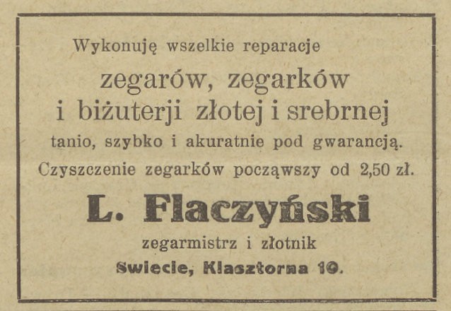 L. Flaczyński_Zegarmistrz i złotnik_ul. Klasztorna,Tygodnik Parafjalny Parafji św. Stanisława w Świeciu Nad Wisłą, 15.01.1933, s. 6.