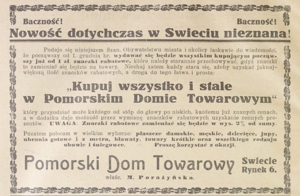 M. Porażyńska_Pomorski Dom Towarowy_Rynek, Tygodnik Parafjalny Parafji św. Stanisława w Świeciu n. W., 4.12.1932, s. 296.