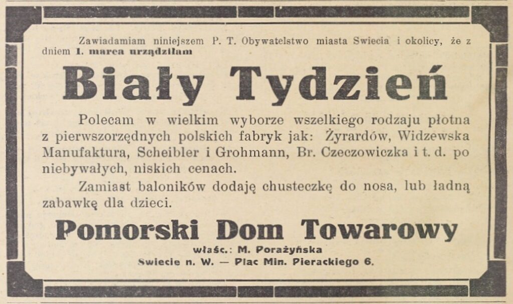 Marta. Porażyńska_Dom Towarowy_Biały Tydzień_Min. Pierackiego, Tygodnik Parafjalny Parafji św. Stanisława w Świeciu n. W., 10.03.1935, s. 6.