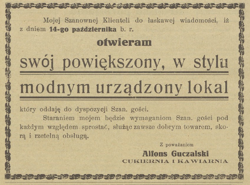 Alfons Guczalski_Cukiernia i kawiarnia_14.10,Tygodnik Parafjalny Parafji św. Stanisława w Świeciu n. W., 15.10.1933, s. 6.